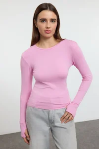 TRENDYOLMİLLA PINK Viscose/Soft Fabric Fingering Detailed Flexible Knitting Blouse - Image 2