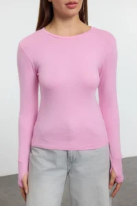 TRENDYOLMİLLA PINK Viscose/Soft Fabric Fingering Detailed Flexible Knitting Blouse - Image 3