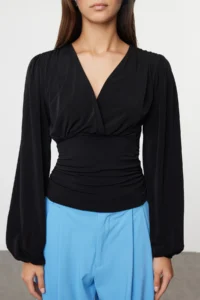 TRENDYOLMİLLA Black Double breasted Ruffle/Drape Detailed Long Sleeve Flexible Knitting Blouse - Image 3