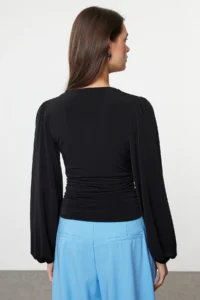 TRENDYOLMİLLA Black Double breasted Ruffle/Drape Detailed Long Sleeve Flexible Knitting Blouse - Image 5
