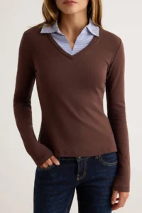TRENDYOLMİLLA Brown Weaving Detailed Shirt Collar Regular/Normal Pattern Knitting Blouse - Image 3