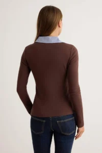 TRENDYOLMİLLA Brown Weaving Detailed Shirt Collar Regular/Normal Pattern Knitting Blouse - Image 4