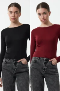 TRENDYOLMİLLA Black-Burgundy 2 Sets Package Viscose/Soft Fabric Crop Fitted/Body-Fitting Knitting Blouse