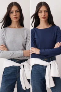 TRENDYOLMİLLA Gray Melange-NAVY BLUE 2 Sets Package Boat Neck Fitted/Body-Sitting Knitting Blouse