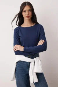 TRENDYOLMİLLA Gray Melange-NAVY BLUE 2 Sets Package Boat Neck Fitted/Body-Sitting Knitting Blouse - Image 2