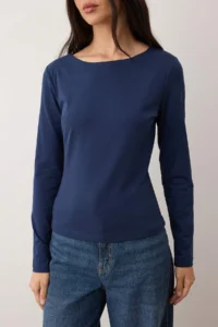 TRENDYOLMİLLA Gray Melange-NAVY BLUE 2 Sets Package Boat Neck Fitted/Body-Sitting Knitting Blouse - Image 3