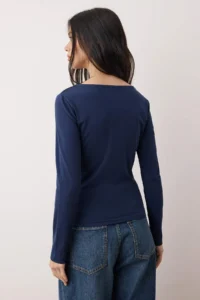 TRENDYOLMİLLA Gray Melange-NAVY BLUE 2 Sets Package Boat Neck Fitted/Body-Sitting Knitting Blouse - Image 4