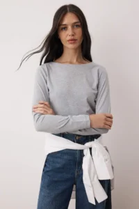 TRENDYOLMİLLA Gray Melange-NAVY BLUE 2 Sets Package Boat Neck Fitted/Body-Sitting Knitting Blouse - Image 5