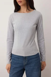 TRENDYOLMİLLA Gray Melange-NAVY BLUE 2 Sets Package Boat Neck Fitted/Body-Sitting Knitting Blouse - Image 6