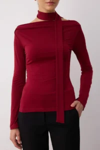 TRENDYOLMİLLA Burgundy Shawl Detailed Fitted Flexible Knitting Blouse - Image 3