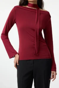 TRENDYOLMİLLA Burgundy Shawl Detailed Fitted Flexible Knitting Blouse - Image 7