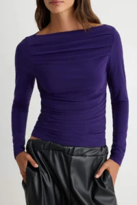 TRENDYOLMİLLA Purple Boat Neck Draped Flexible Knitting Blouse - Image 3