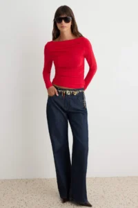 TRENDYOLMİLLA Red Boat Neck Draped Flexible Knitting Blouse - Image 2