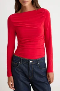 TRENDYOLMİLLA Red Boat Neck Draped Flexible Knitting Blouse - Image 3