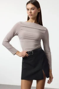 TRENDYOLMİLLA Stone Boat Neck Draped Flexible Knitting Blouse - Image 2