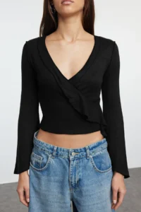 TRENDYOLMİLLA Black wrap Knitwear look Spanish Arm Fitted/Body-Sitting Knitting Blouse - Image 2