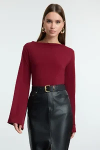 TRENDYOLMİLLA Dark Cherry relaxed/Rahat Pattern Spanish Arm Flexible Knitting Blouse