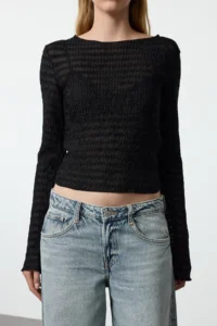 TRENDYOLMİLLA Black Fitted textured Tulle Flexible Knitting Blouse - Image 4