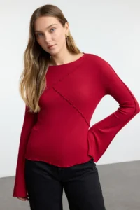 TRENDYOLMİLLA Burgundy Ribbed Detailed Fitted Spanish Arm Knitting Blouse - Image 2
