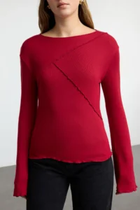 TRENDYOLMİLLA Burgundy Ribbed Detailed Fitted Spanish Arm Knitting Blouse - Image 3