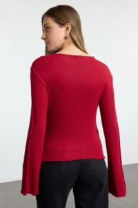 TRENDYOLMİLLA Burgundy Ribbed Detailed Fitted Spanish Arm Knitting Blouse - Image 5