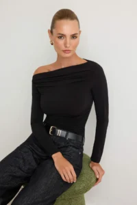 TRENDYOLMİLLA Black Drape Detailed Fitted Long Sleeve Flexible Knitting Blouse - Image 2