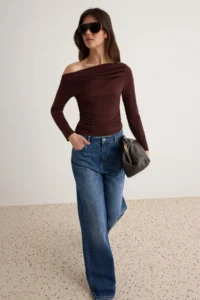 TRENDYOLMİLLA Brown Ruffle/Drape Detailed Fitted/Fitting Long Sleeve Flexible Knitting Blouse - Image 2