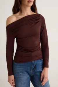 TRENDYOLMİLLA Brown Ruffle/Drape Detailed Fitted/Fitting Long Sleeve Flexible Knitting Blouse - Image 3