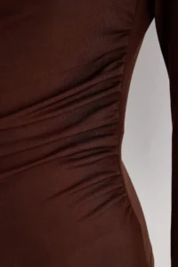 TRENDYOLMİLLA Brown Ruffle/Drape Detailed Fitted/Fitting Long Sleeve Flexible Knitting Blouse - Image 6