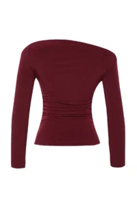 TRENDYOLMİLLA Burgundy Drape Detailed Fitted Long Sleeve Flexible Knitting Blouse - Image 6