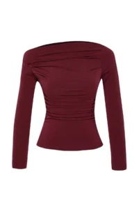 TRENDYOLMİLLA Burgundy Drape Detailed Fitted Long Sleeve Flexible Knitting Blouse - Image 7