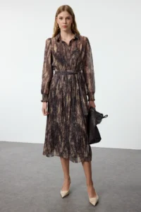 TRENDYOLMİLLA Brown Abstract Patterned skater/Belden Flared Midi Weaving Siphon Dress