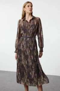 TRENDYOLMİLLA Brown Abstract Patterned skater/Belden Flared Midi Weaving Siphon Dress - Image 2