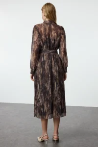 TRENDYOLMİLLA Brown Abstract Patterned skater/Belden Flared Midi Weaving Siphon Dress - Image 5