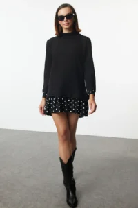 TRENDYOLMİLLA Black Thessaloniki High Neck Polka Dot Mini Knitting Dress - Image 2