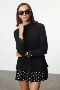 TRENDYOLMİLLA Black Thessaloniki High Neck Polka Dot Mini Knitting Dress - Image 3