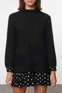 TRENDYOLMİLLA Black Thessaloniki High Neck Polka Dot Mini Knitting Dress - Image 4
