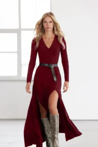 TRENDYOLMİLLA Burgundy Plain V-neck skater/Belden Flared Flexible Maxi Knitting Dress - Image 2