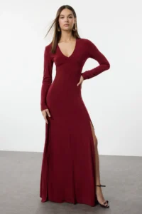TRENDYOLMİLLA Burgundy Plain V-neck skater/Belden Flared Flexible Maxi Knitting Dress - Image 3