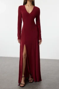 TRENDYOLMİLLA Burgundy Plain V-neck skater/Belden Flared Flexible Maxi Knitting Dress - Image 6