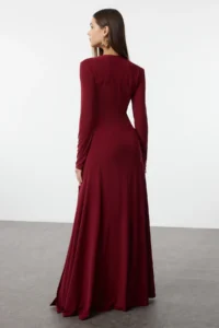 TRENDYOLMİLLA Burgundy Plain V-neck skater/Belden Flared Flexible Maxi Knitting Dress - Image 7
