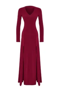 TRENDYOLMİLLA Burgundy Plain V-neck skater/Belden Flared Flexible Maxi Knitting Dress - Image 8