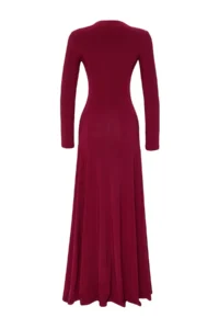 TRENDYOLMİLLA Burgundy Plain V-neck skater/Belden Flared Flexible Maxi Knitting Dress - Image 9