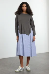 TRENDYOLMİLLA Anthracite Striped Knitwear Garnili Plain Cut Midi Weaving Dress