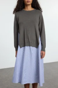 TRENDYOLMİLLA Anthracite Striped Knitwear Garnili Plain Cut Midi Weaving Dress - Image 3