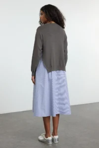 TRENDYOLMİLLA Anthracite Striped Knitwear Garnili Plain Cut Midi Weaving Dress - Image 5