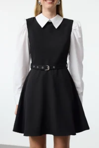 TRENDYOLMİLLA Black skater/Belden Flared Short / Mini Weaving Dress - Image 4