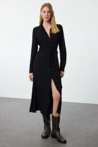 TRENDYOLMİLLA Black Buttoned Front Midi Weaving Shirt Dress