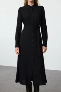 TRENDYOLMİLLA Black Buttoned Front Midi Weaving Shirt Dress - Image 4