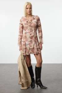 TRENDYOLMİLLA Brown Abstract Patterned A Cut Mini Lined Weaving Dress
